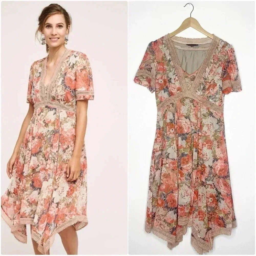 Ranna Gill Dress Floral V-Neck Embroidered Flowy Brown Rose Boutique Size 8